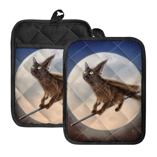 Halloween Flying Witch Cat Print Pot Holders With Pocket