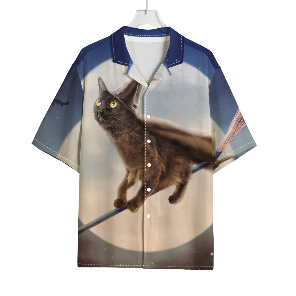 Halloween Flying Witch Cat Print Rayon Hawaiian Shirt