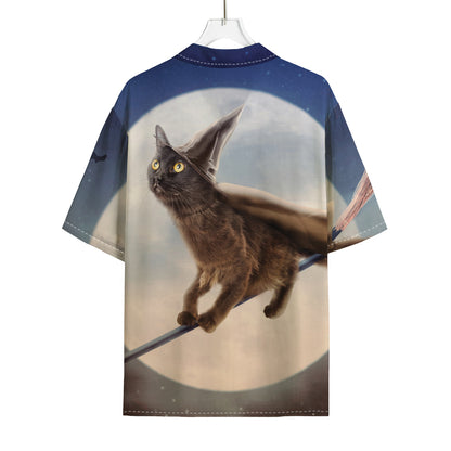Halloween Flying Witch Cat Print Rayon Hawaiian Shirt