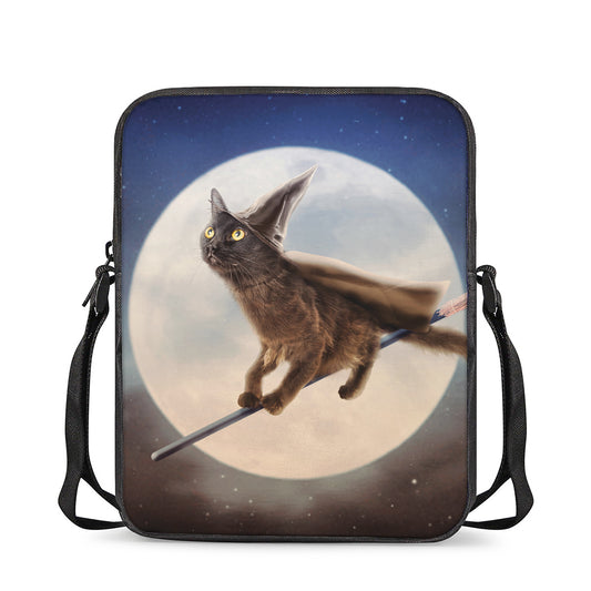 Halloween Flying Witch Cat Print Rectangular Crossbody Bag