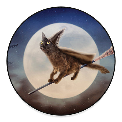 Halloween Flying Witch Cat Print Round Floor Mat