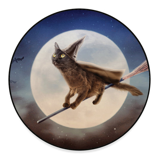 Halloween Flying Witch Cat Print Round Floor Mat