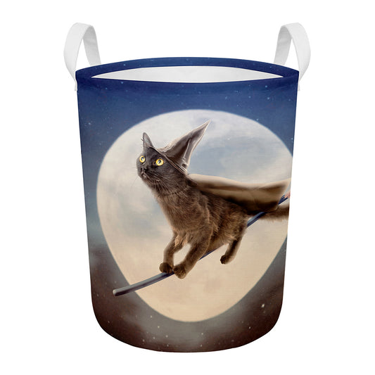 Halloween Flying Witch Cat Print Round Laundry Basket