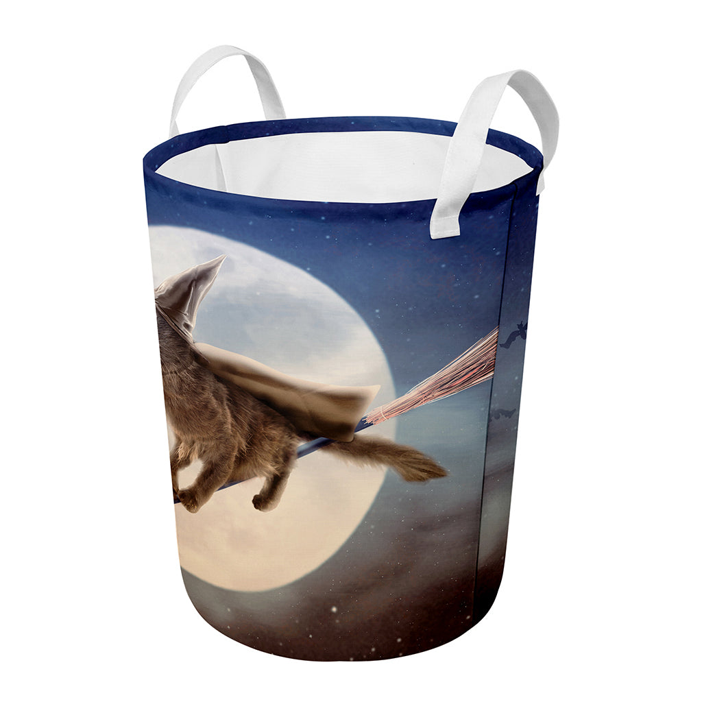 Halloween Flying Witch Cat Print Round Laundry Basket