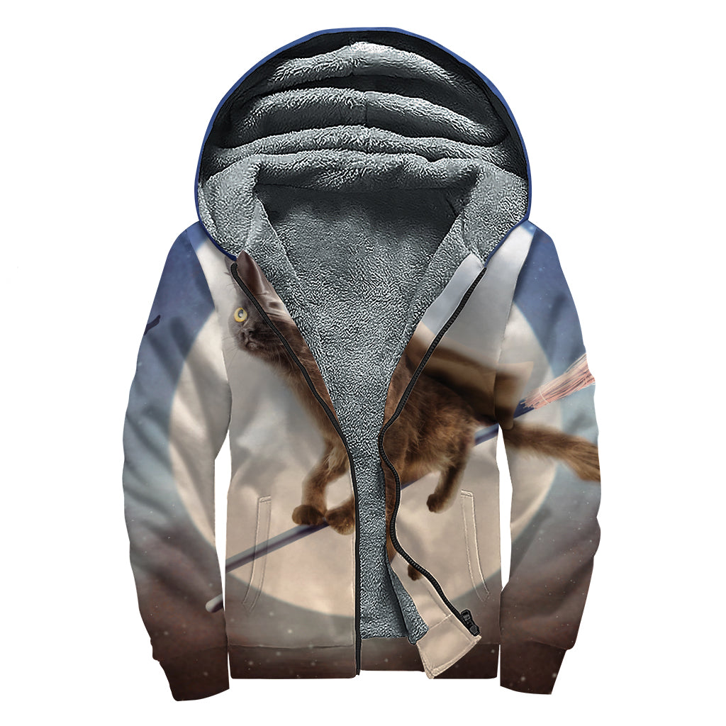 Halloween Flying Witch Cat Print Sherpa Lined Zip Up Hoodie