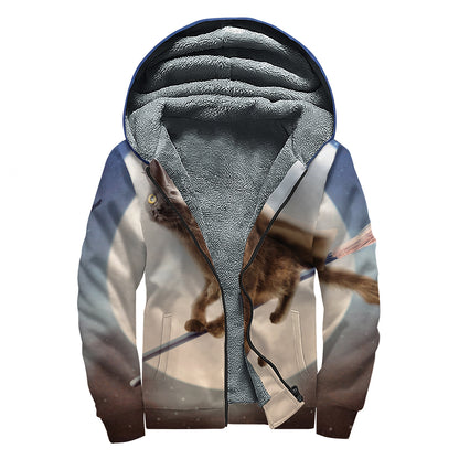 Halloween Flying Witch Cat Print Sherpa Lined Zip Up Hoodie