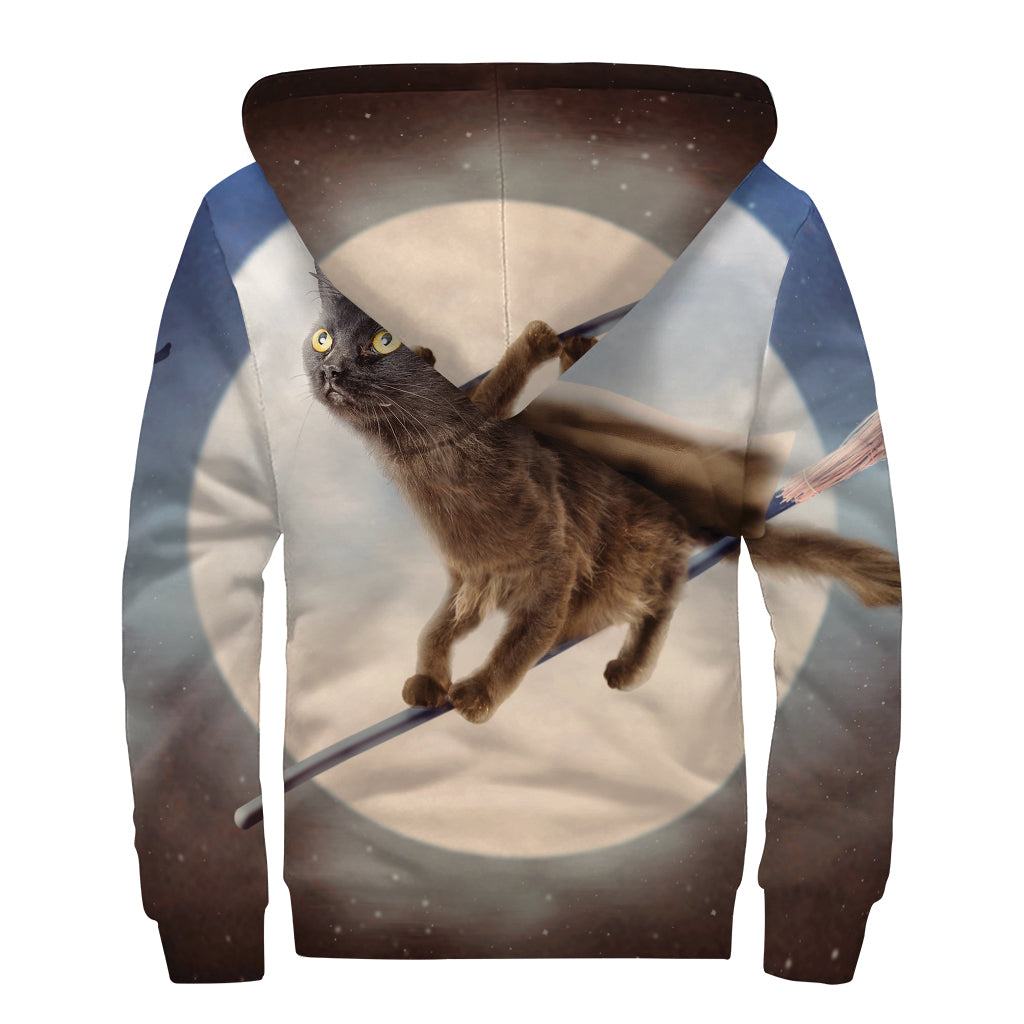 Halloween Flying Witch Cat Print Sherpa Lined Zip Up Hoodie