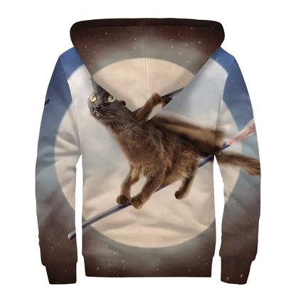 Halloween Flying Witch Cat Print Sherpa Lined Zip Up Hoodie