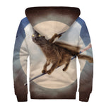 Halloween Flying Witch Cat Print Sherpa Lined Zip Up Hoodie