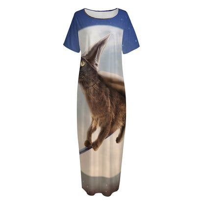 Halloween Flying Witch Cat Print Short Sleeve Long Nightdress