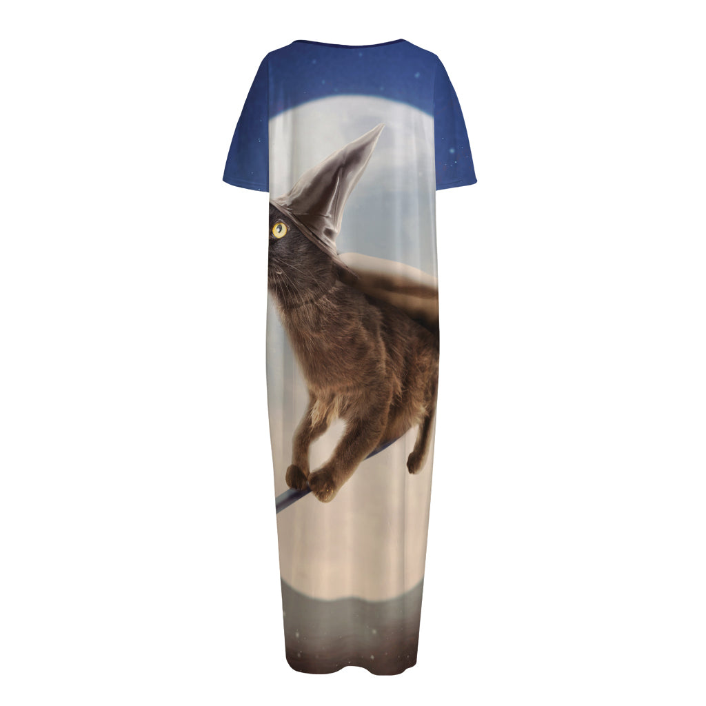 Halloween Flying Witch Cat Print Short Sleeve Long Nightdress