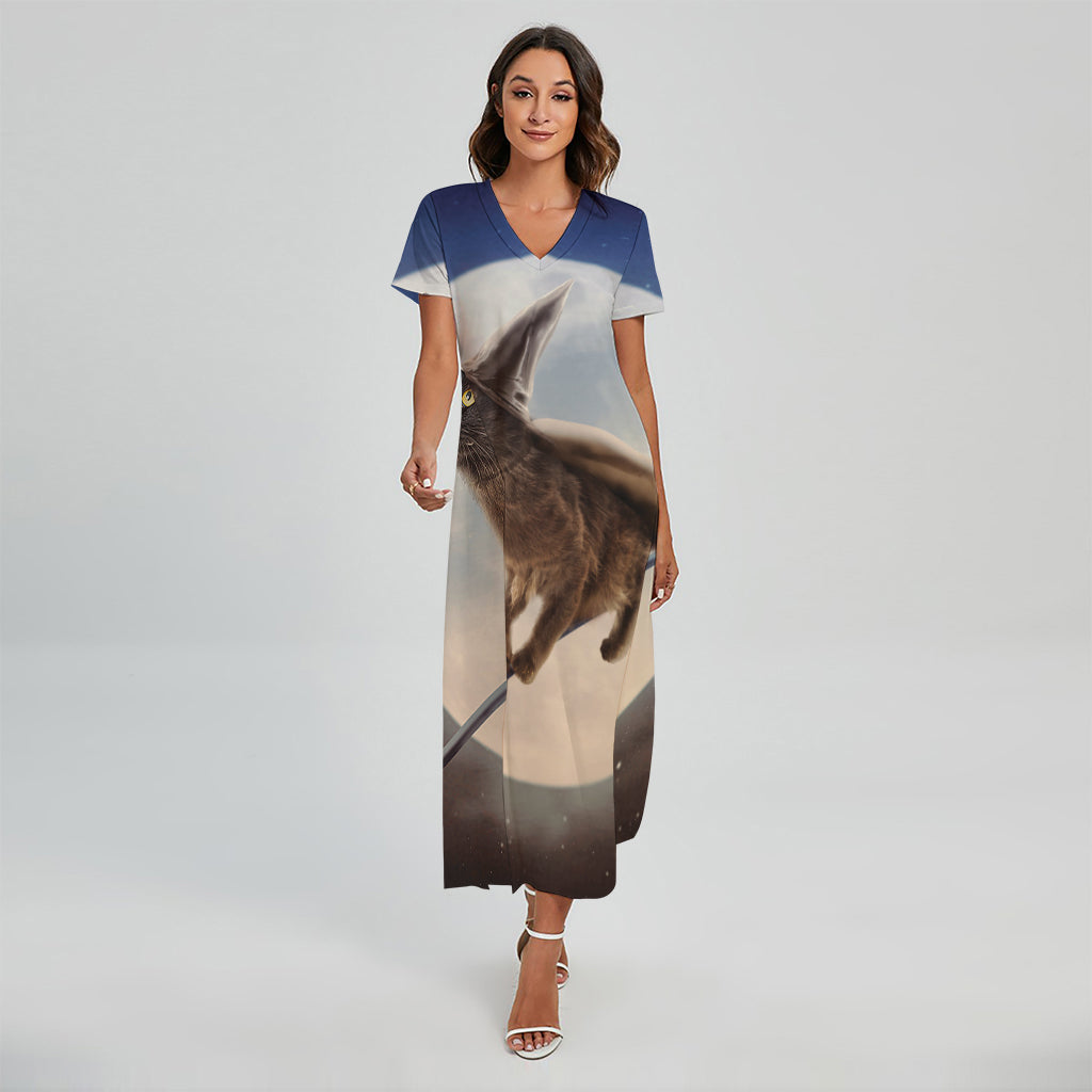 Halloween Flying Witch Cat Print Short Sleeve Maxi Dress