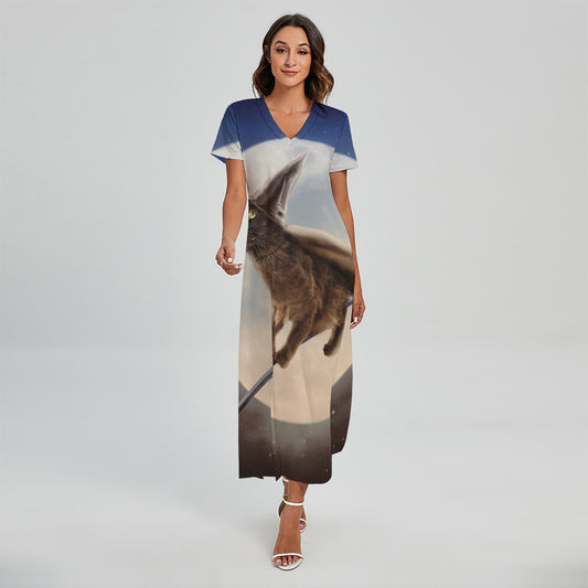Halloween Flying Witch Cat Print Short Sleeve Maxi Dress