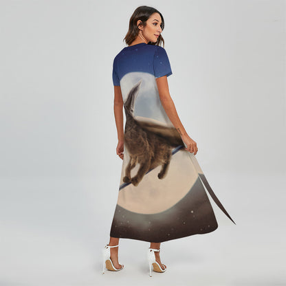 Halloween Flying Witch Cat Print Short Sleeve Maxi Dress