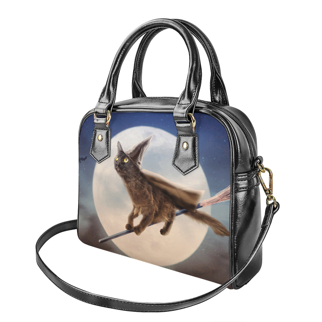 Halloween Flying Witch Cat Print Shoulder Handbag