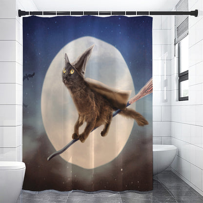 Halloween Flying Witch Cat Print Shower Curtain