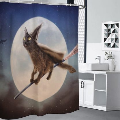 Halloween Flying Witch Cat Print Shower Curtain