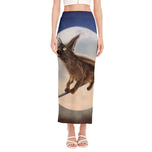 Halloween Flying Witch Cat Print Side Slit Maxi Skirt