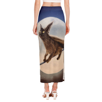 Halloween Flying Witch Cat Print Side Slit Maxi Skirt