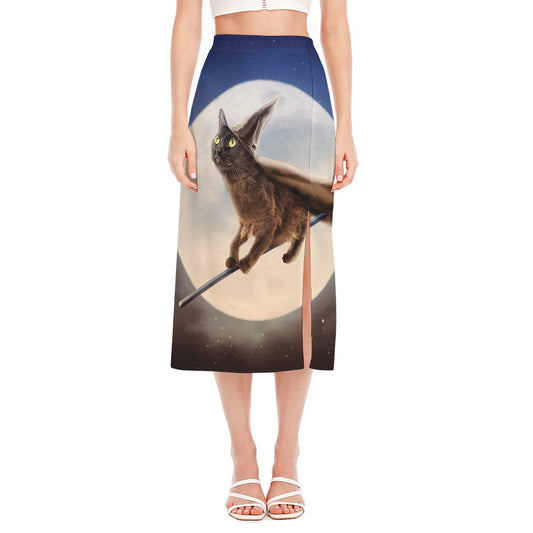 Halloween Flying Witch Cat Print Side Slit Midi Skirt