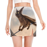Halloween Flying Witch Cat Print Side Slit Mini Skirt