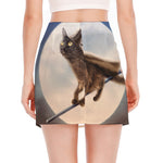 Halloween Flying Witch Cat Print Side Slit Mini Skirt