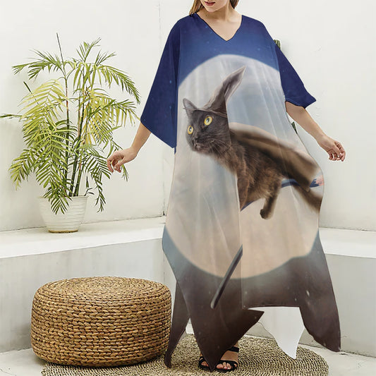 Halloween Flying Witch Cat Print Silk V-Neck Kaftan Dress