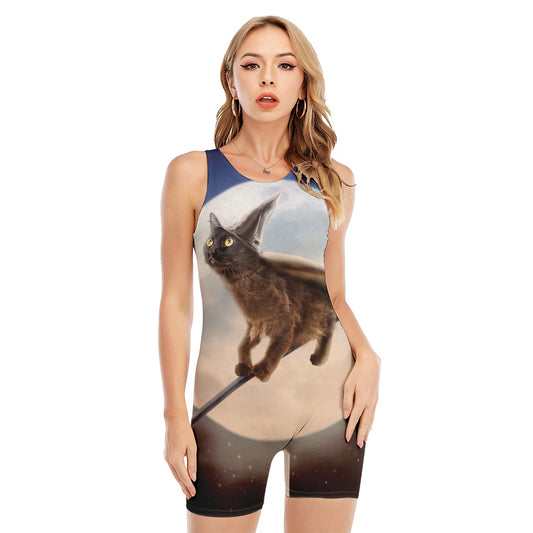 Halloween Flying Witch Cat Print Sleeveless One Piece Swimsuit