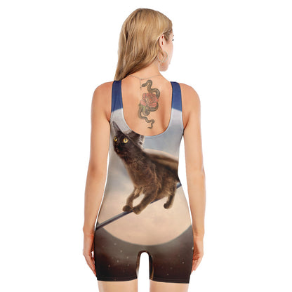 Halloween Flying Witch Cat Print Sleeveless One Piece Swimsuit