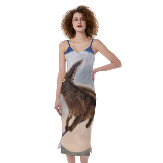 Halloween Flying Witch Cat Print Slim Fit Midi Cami Dress