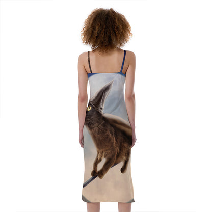 Halloween Flying Witch Cat Print Slim Fit Midi Cami Dress