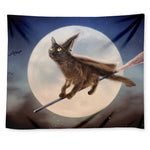 Halloween Flying Witch Cat Print Tapestry