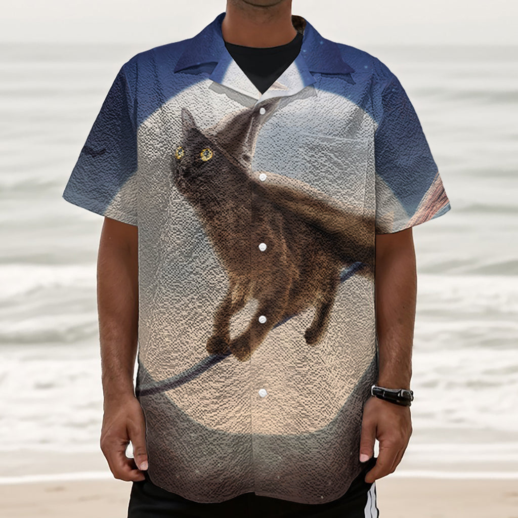 Halloween Flying Witch Cat Print Textured Short Sleeve Shirt
