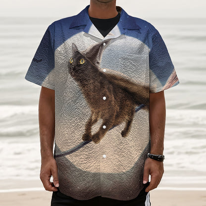 Halloween Flying Witch Cat Print Textured Short Sleeve Shirt