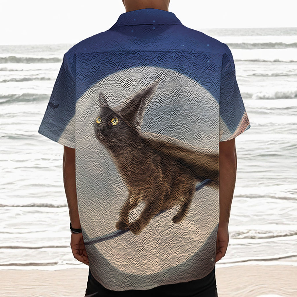 Halloween Flying Witch Cat Print Textured Short Sleeve Shirt