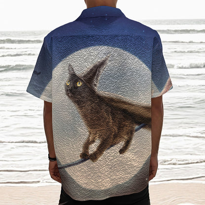 Halloween Flying Witch Cat Print Textured Short Sleeve Shirt