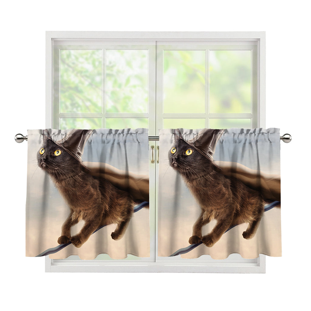 Halloween Flying Witch Cat Print Tier Curtains