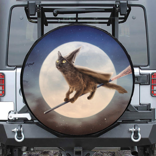 Halloween Flying Witch Cat Print Tire Cover