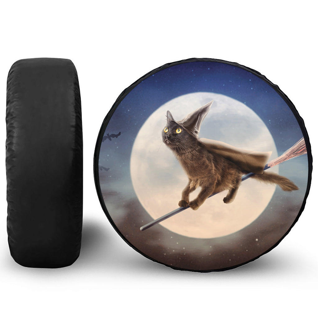 Halloween Flying Witch Cat Print Tire Cover