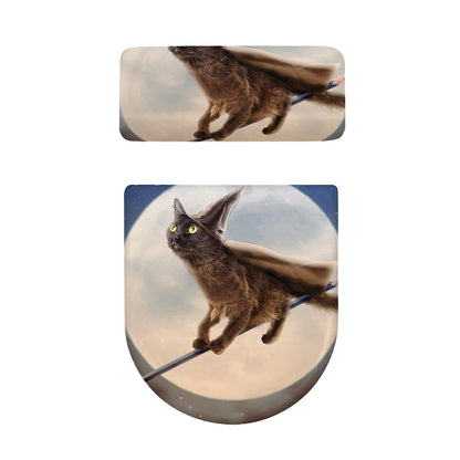 Halloween Flying Witch Cat Print Toilet Lid And Tank Cover Set