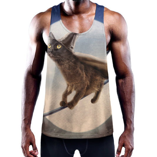 Halloween Flying Witch Cat Print Training Tank Top