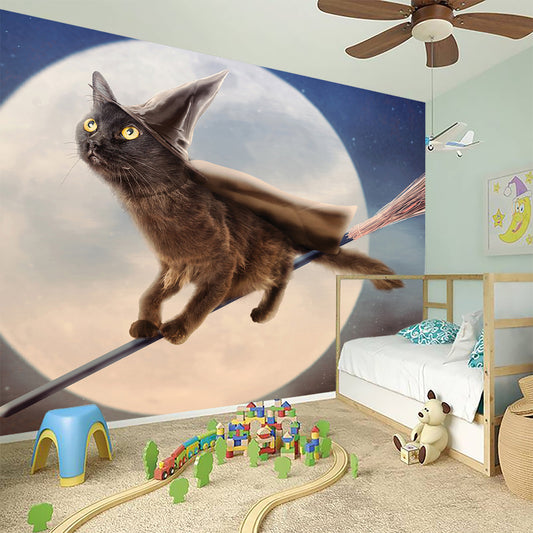 Halloween Flying Witch Cat Print Wall Sticker