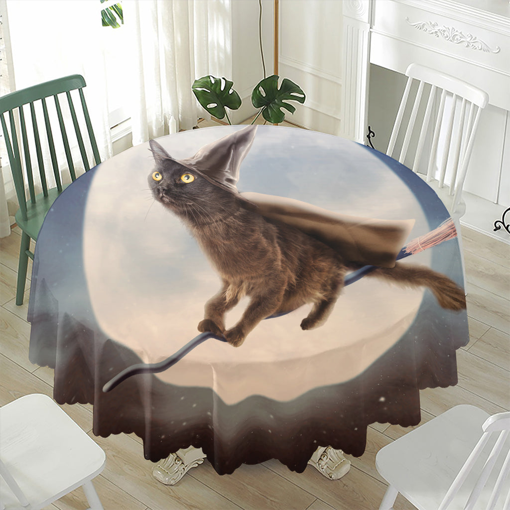 Halloween Flying Witch Cat Print Waterproof Round Tablecloth