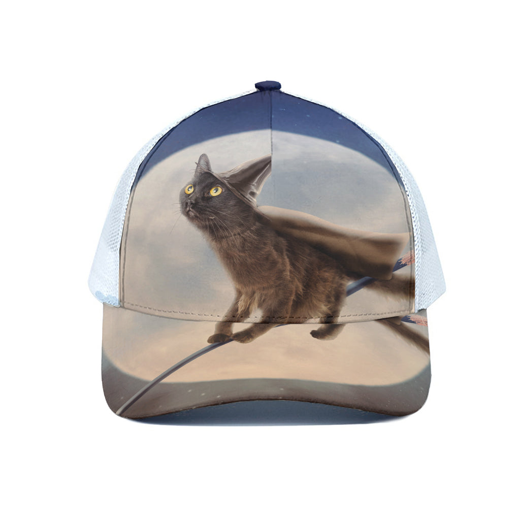 Halloween Flying Witch Cat Print White Mesh Trucker Cap