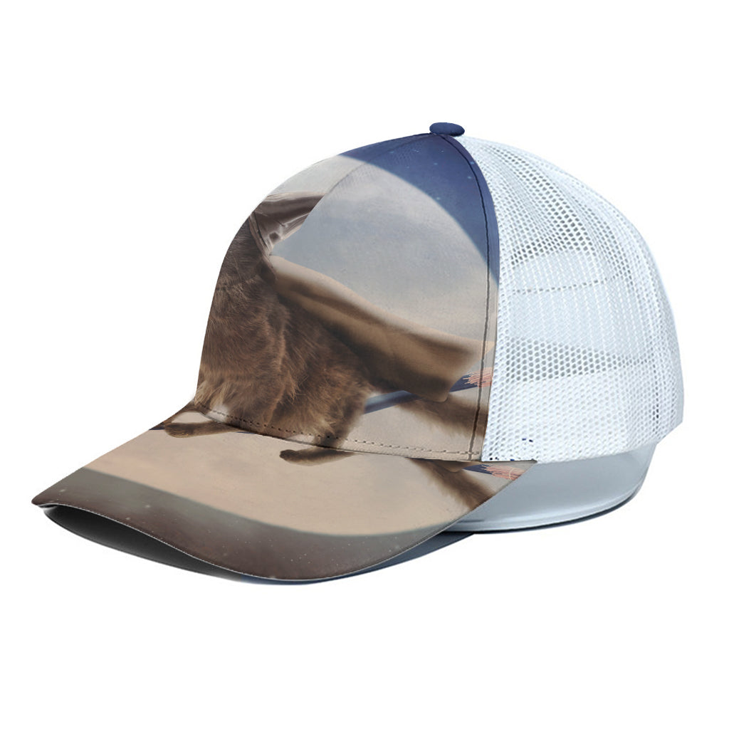 Halloween Flying Witch Cat Print White Mesh Trucker Cap