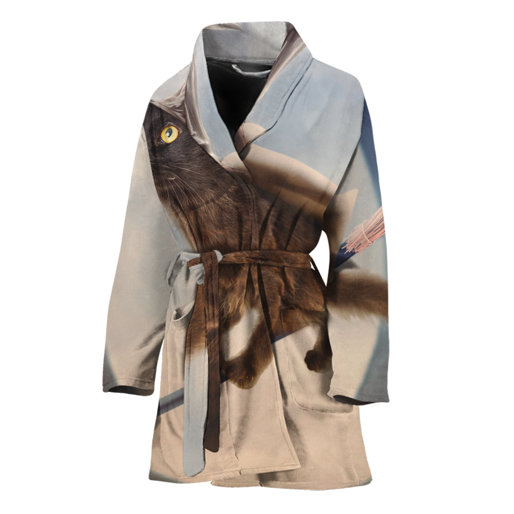 Halloween Flying Witch Cat Print Women's Bathrobe