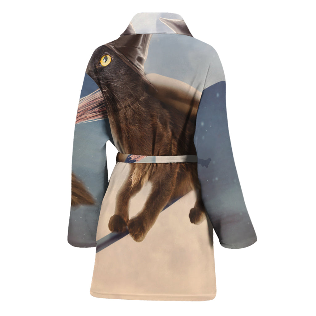 Halloween Flying Witch Cat Print Women's Bathrobe