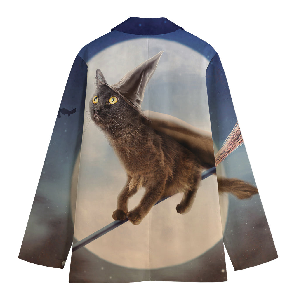 Halloween Flying Witch Cat Print Women's Blazer