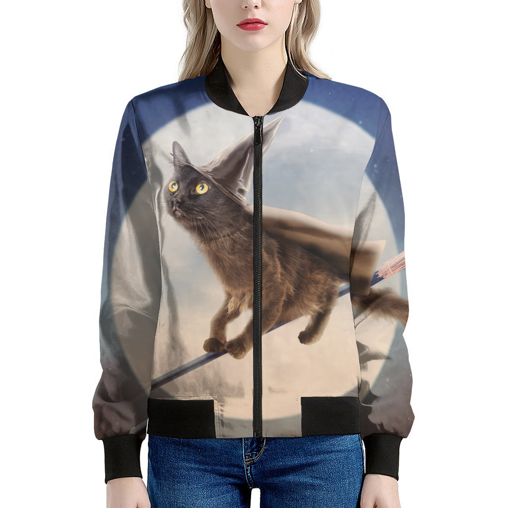 Halloween Flying Witch Cat Print Women's Bomber Jacket