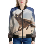 Halloween Flying Witch Cat Print Women's Bomber Jacket